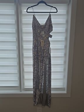 For Love And Lemons Silver Sequin V-Neck Slit Gown